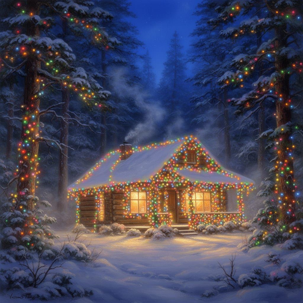 Cozy Cabin Draped in Twinkling Christmas Lights