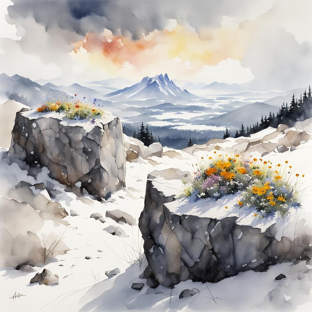 Snowy Granite Rock with Wildflowers: Watercolor Art