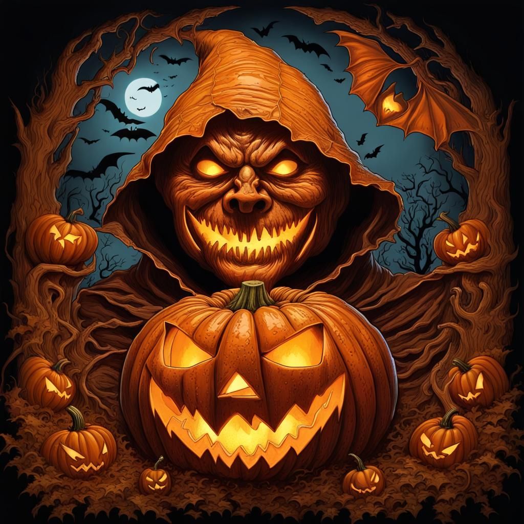 Hyperdetailed Jack O'Lantern Man with Bats