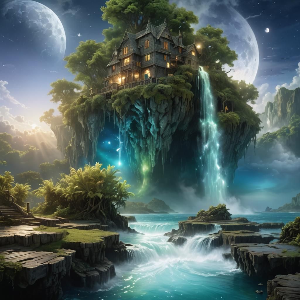 Ethereal Island House in Dreamlike Moonscape