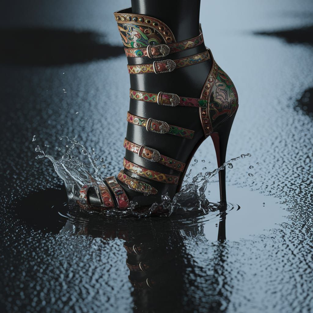 High-Heeled Boot Steps into a Puddle