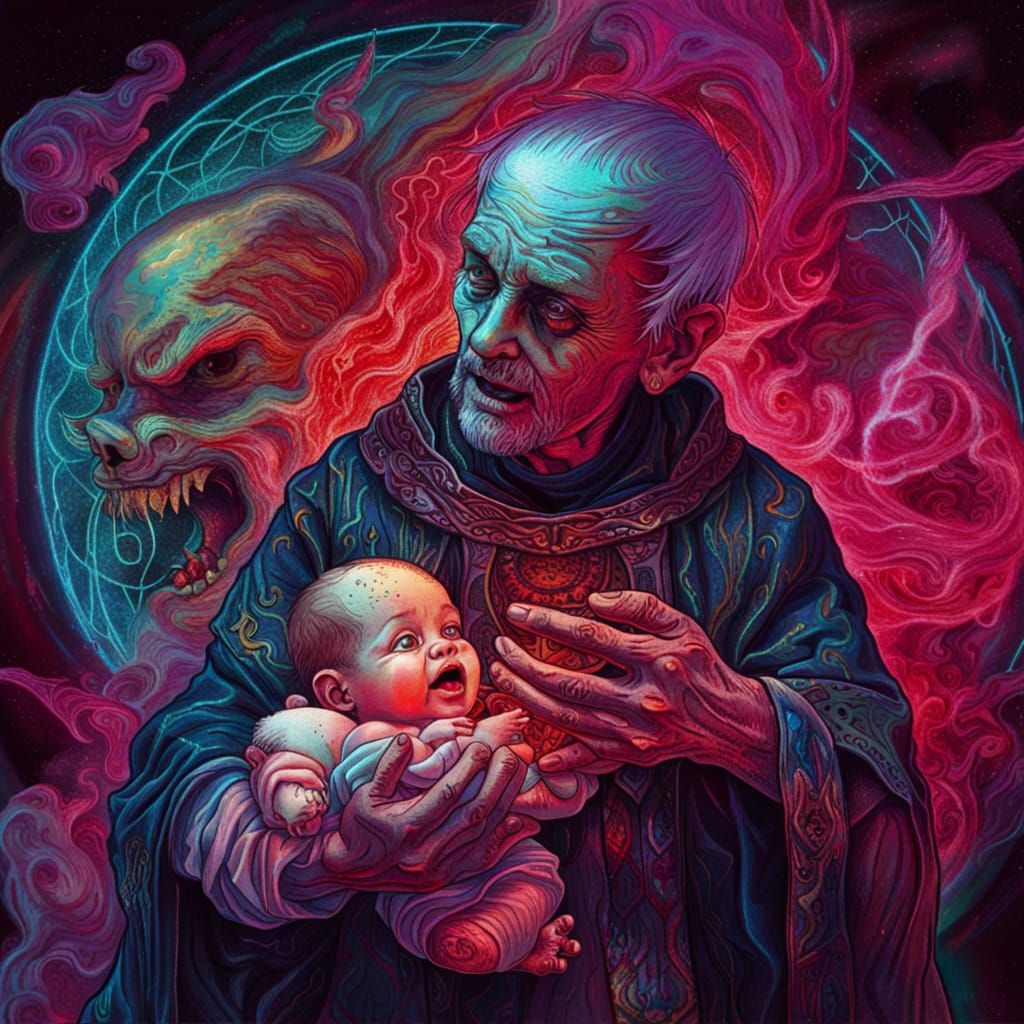 Bloody Exorcist Priest Consuming Baby: Astral Illustration