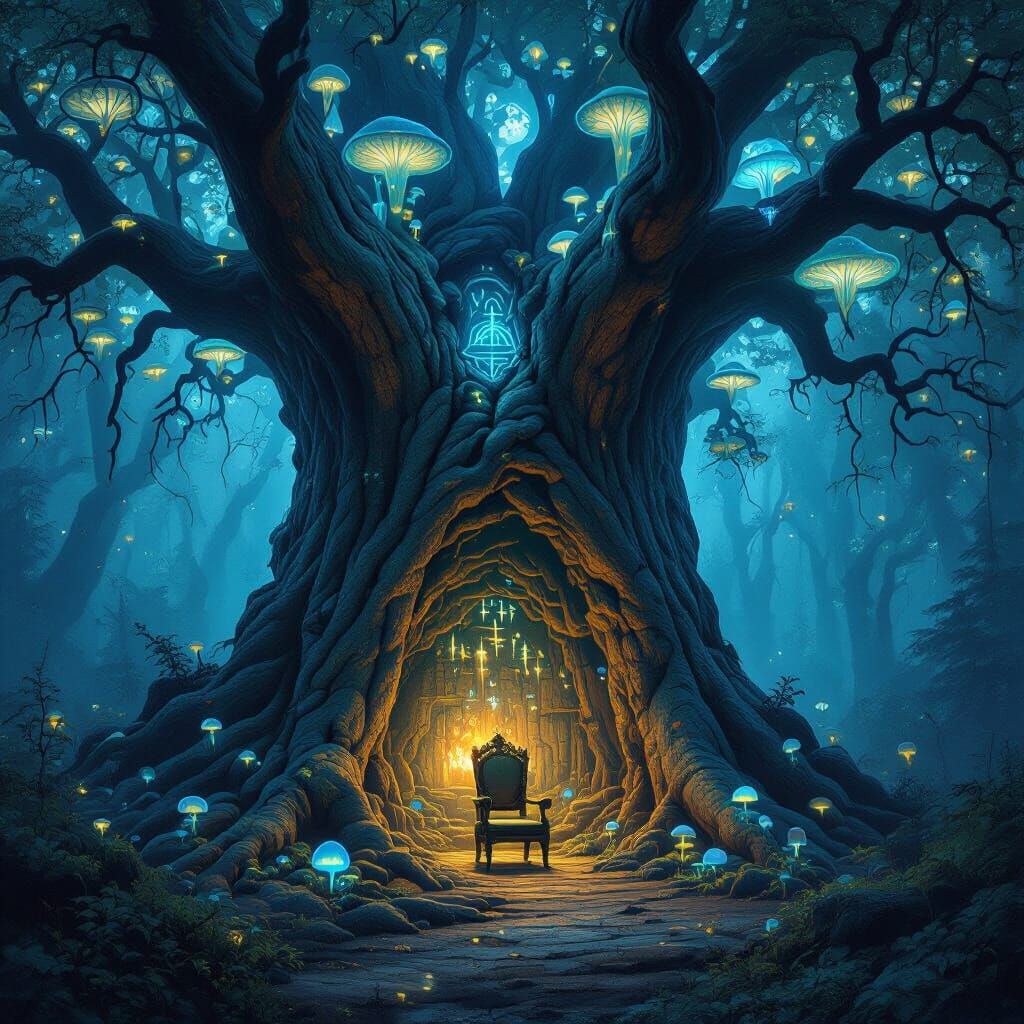 Ancient Tree Sanctuary in Mystical Bioluminescent Forest