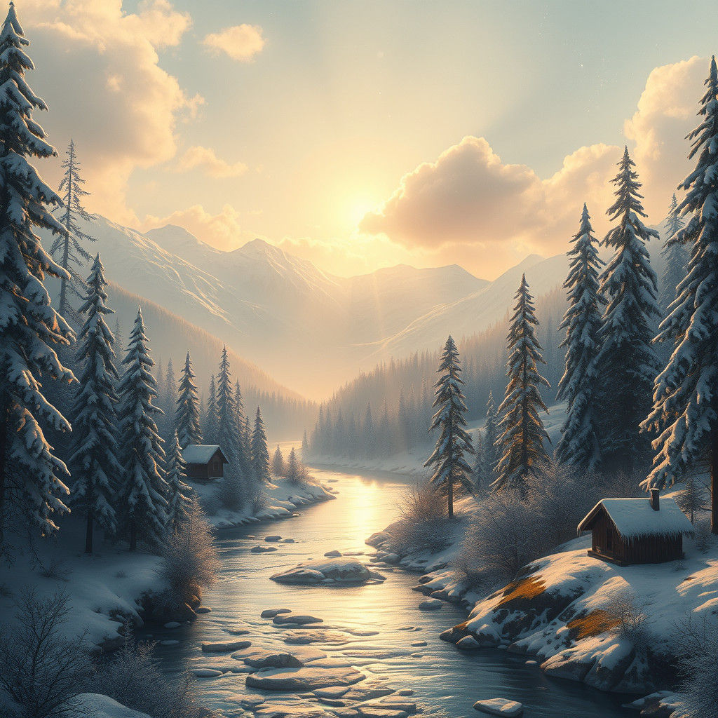 Winter Wonderland Landscape in Watercolor Style