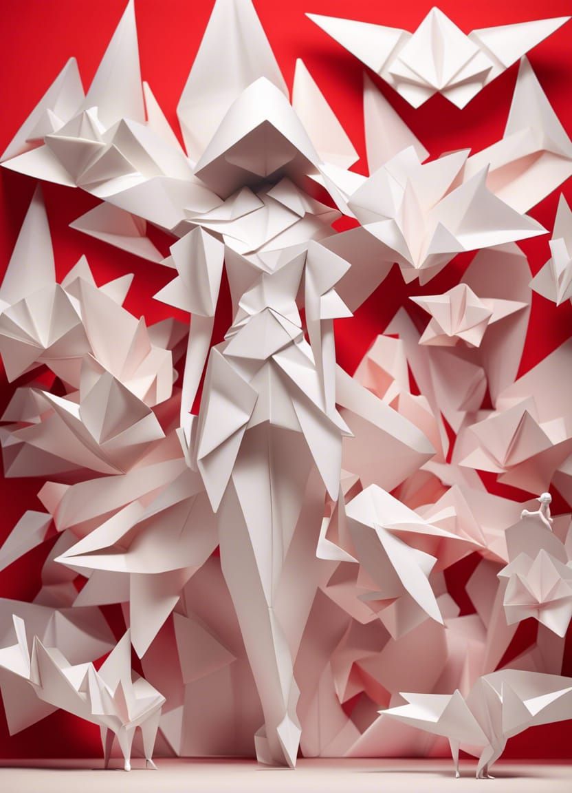 Elegant Origami Woman in Red Paper Art