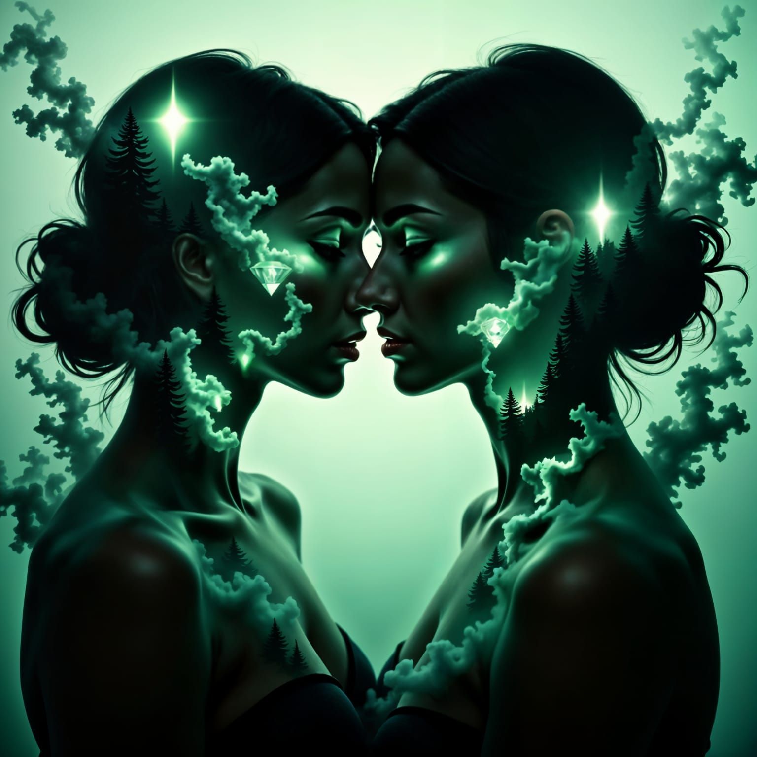Surreal Double Exposure: Diamonds Merged with Silhouettes