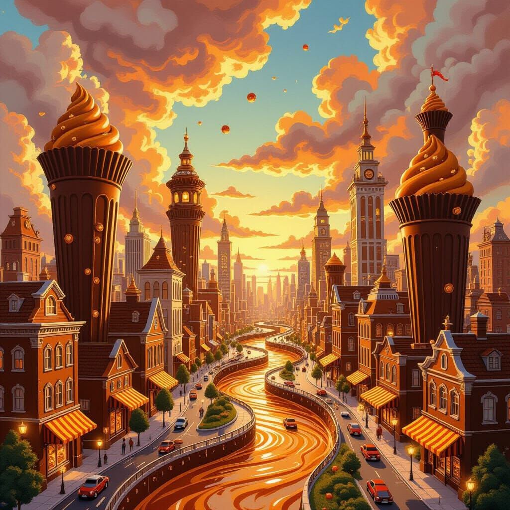 Whimsical Candy Cityscape Oil Painting