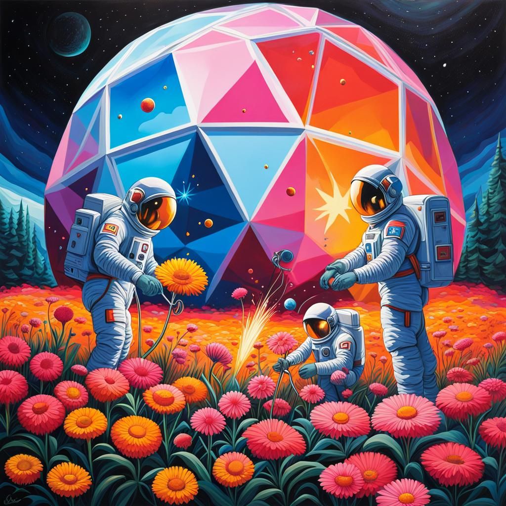 Astronauts Tend Lunar Flowers: Graffiti Art Style