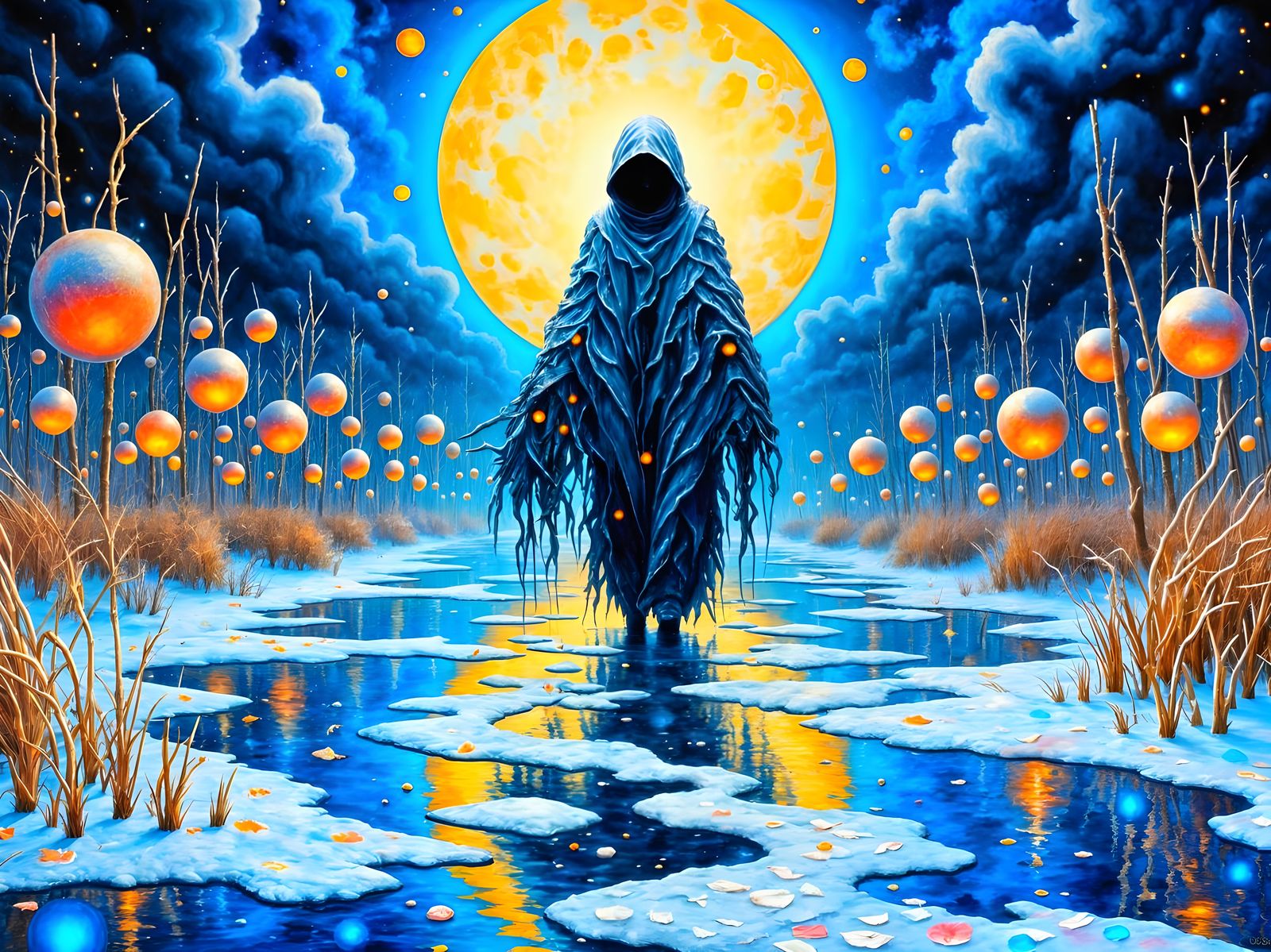 Moonlit Revenant Drifting Through Frozen Marsh