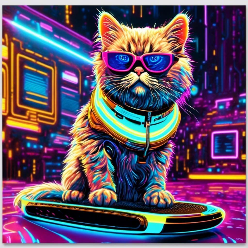 Cyberpunk Cat on Hoverboard in Impasto Style