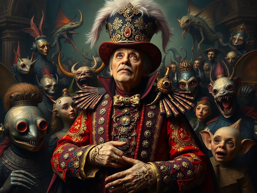 Baroque Dandy Surrounded by Fey Folk and Robots