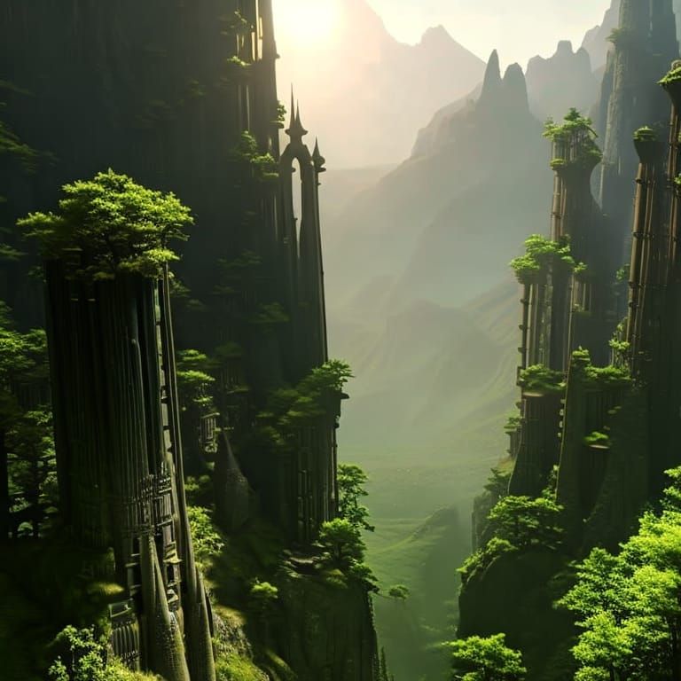 Elven City in Valley: Hyperrealistic Fantasy Cityscape