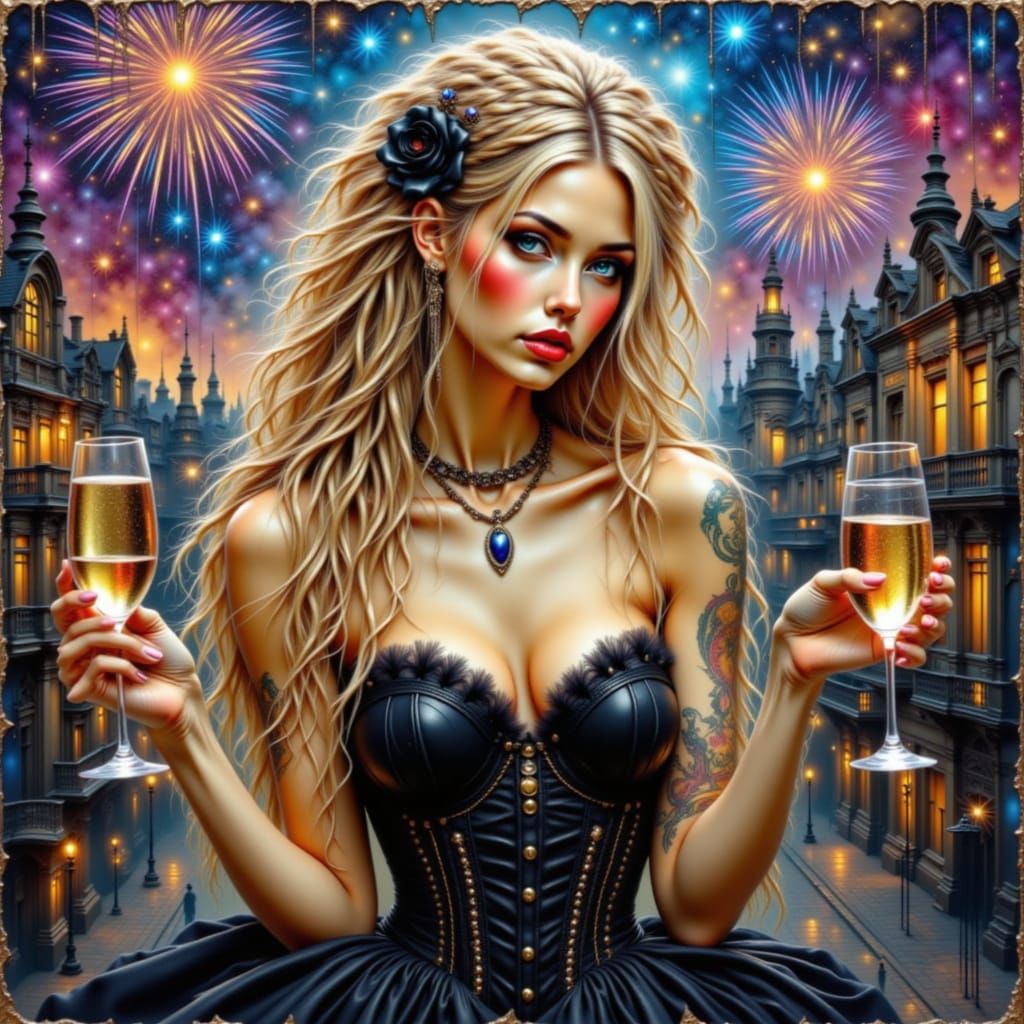 Woman With Blonde Dreadlocks Holding Champagne Amidst Firewo...