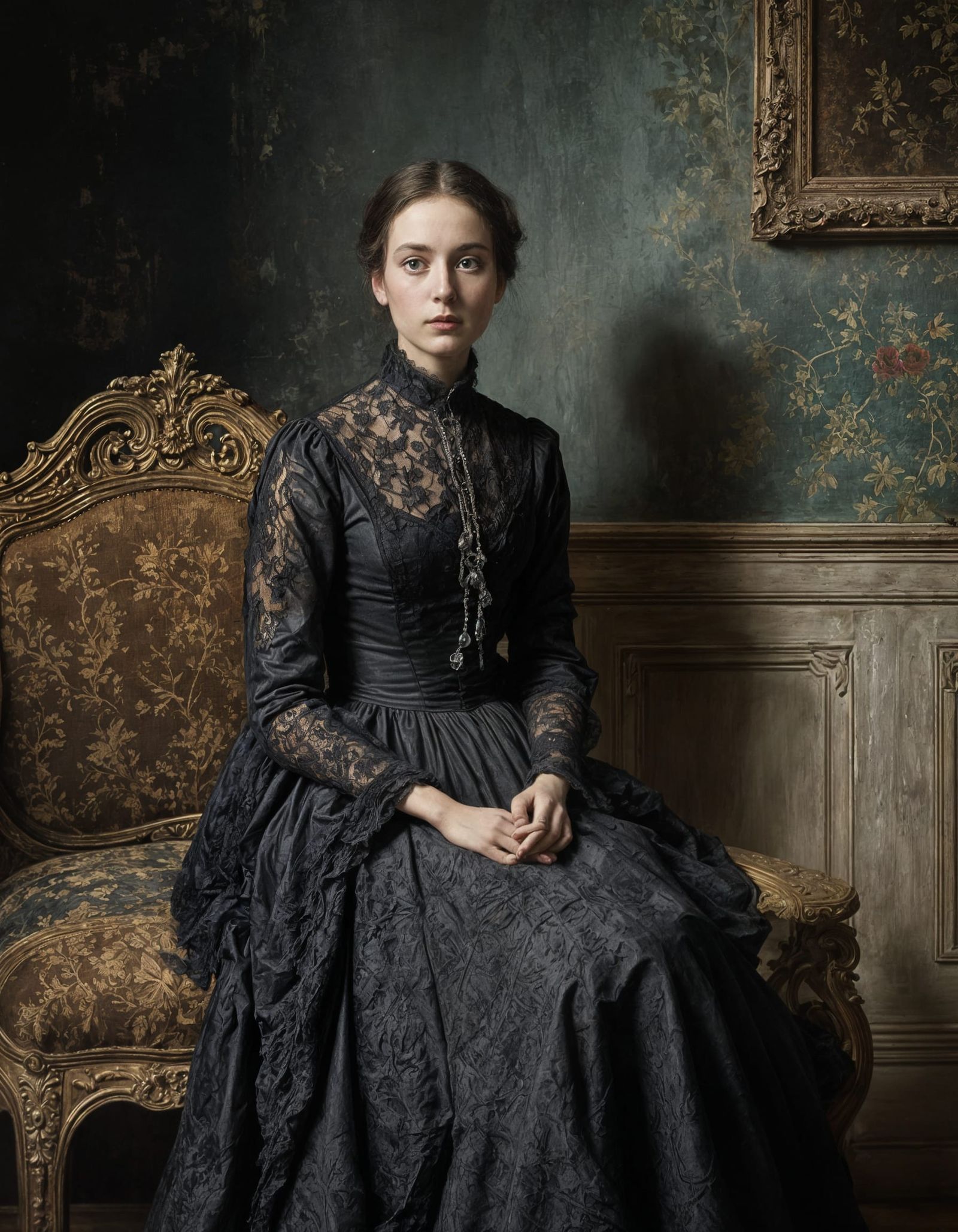 Surreally Contemplative 19th-Century Woman in Muted Dégradé...