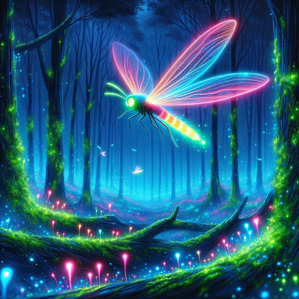 Neon Firefly in Bioluminescent Forest Illustration
