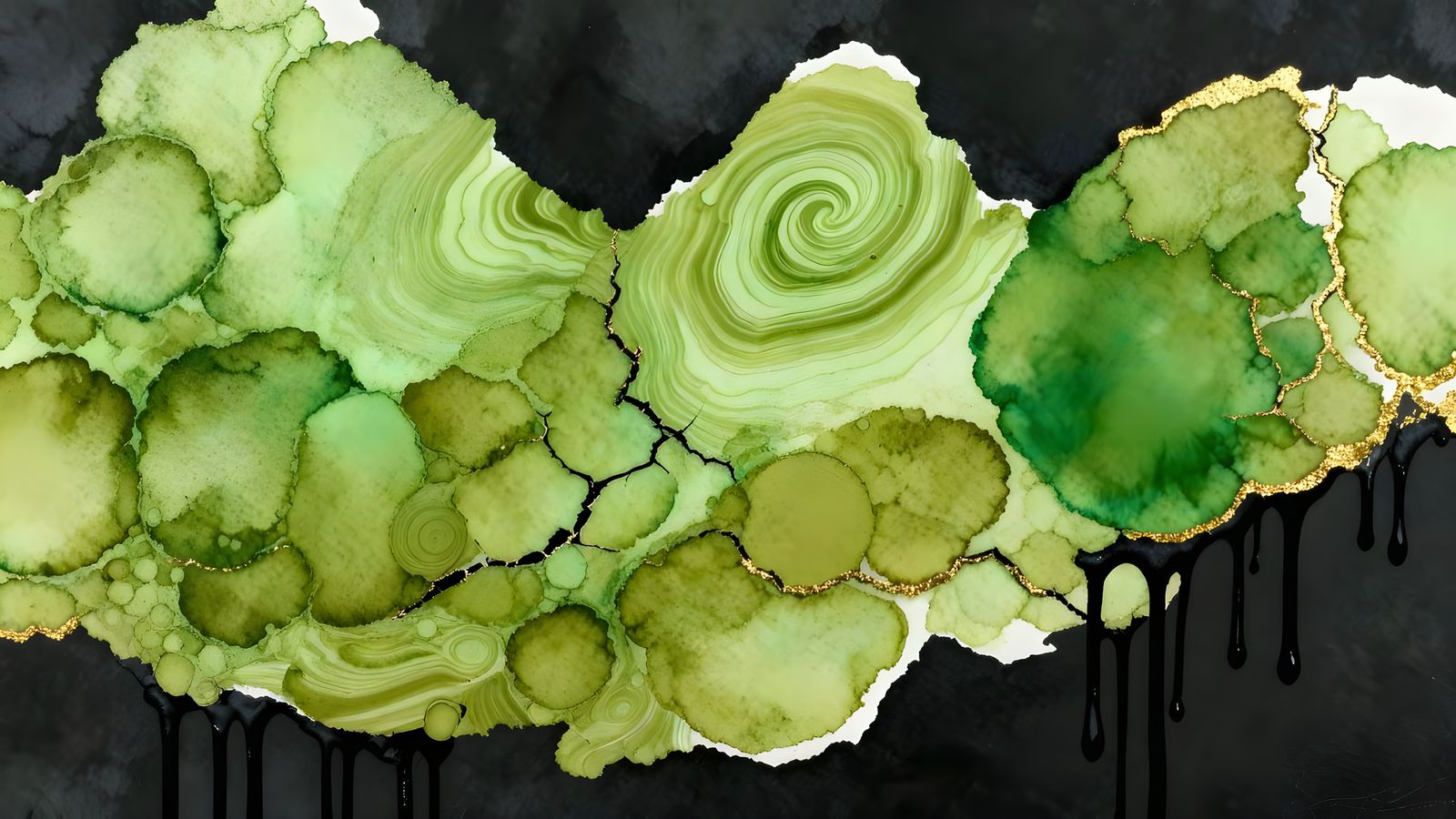 Abstract Green Olive Alcohol Inks with Black Drips