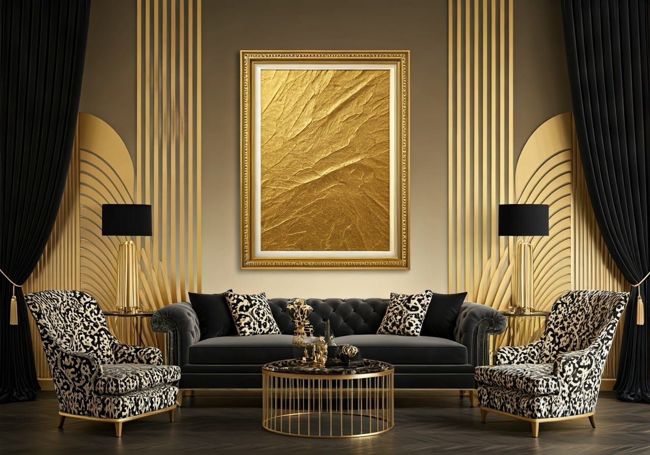 Art Deco Black-Gold Luxury Interior with Gold Leaf Art