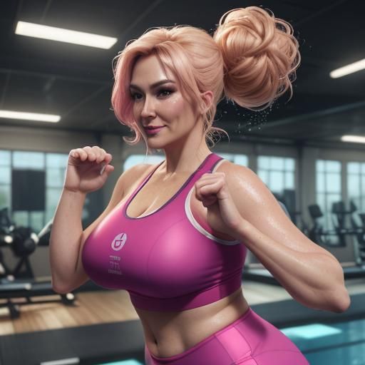 Voluptuous Woman in Pink Gym Clothes Doing Aerobics