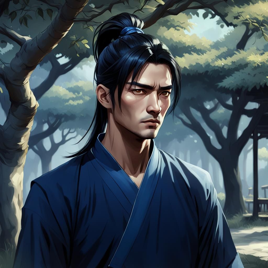 Handsome Chinese Boy with Ponytail, Hyperdetailed Art