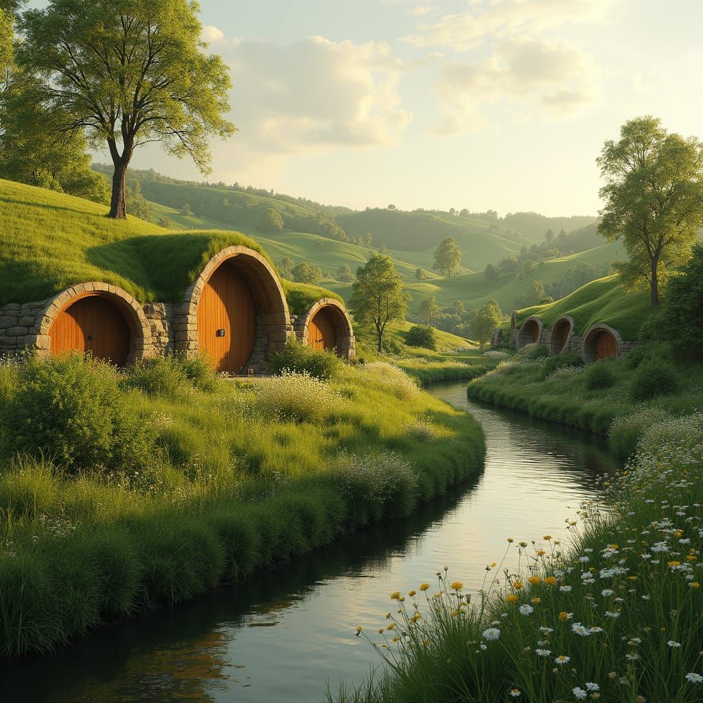 Peaceful Shire Countryside Scene in Modern Brutalist Style