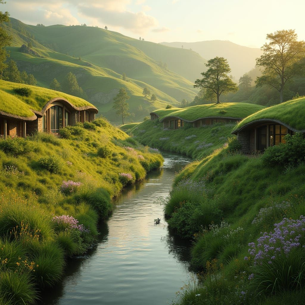 Idyllic Hobbit Shire Countryside Scene in Modern Brutalist S...