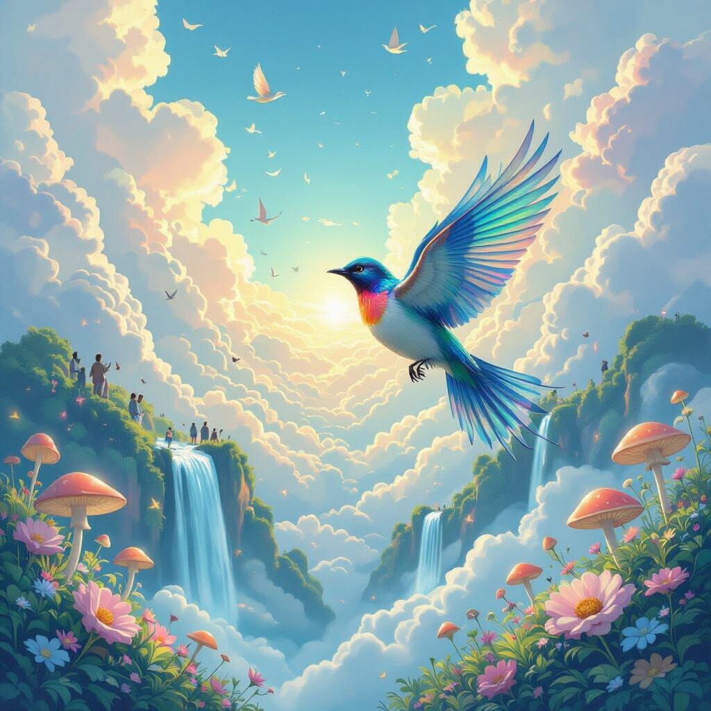 Iridescent Bird Soaring Above a World of Sorrow