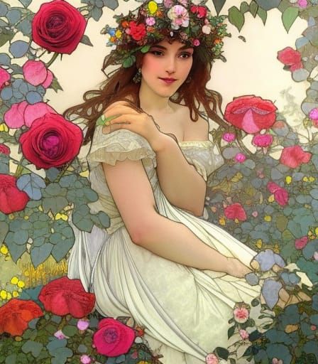Beautiful Woman in Rose Garden, Art Nouveau Portrait
