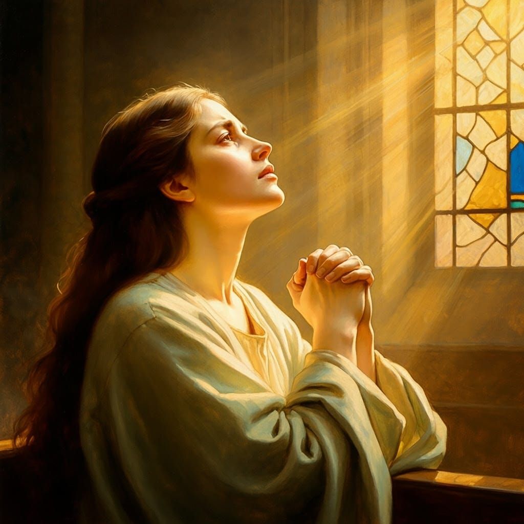 Woman in Prayer Bathed in Golden Light, Oil Painting