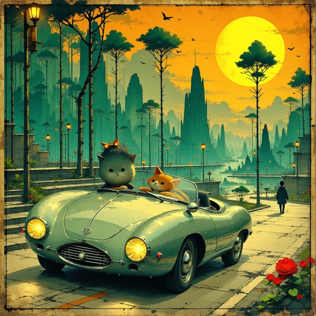 Cat-Shaped Car Speeds Through Futuristic City