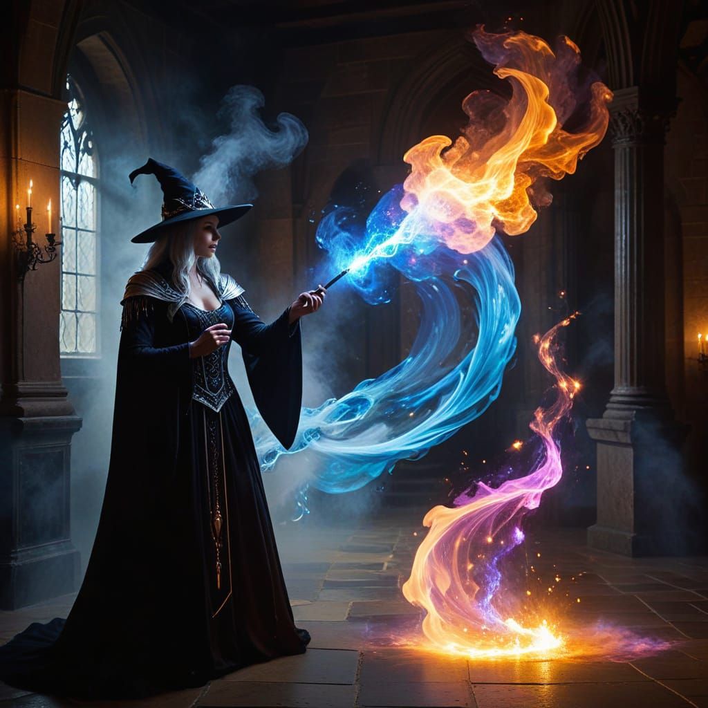 Sorceress Conjures Sensual Man in Ethereal Hall