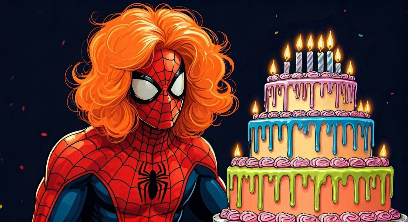 Spiderman Celebrates Halloween and Birthday, Hand-Drawn Styl...