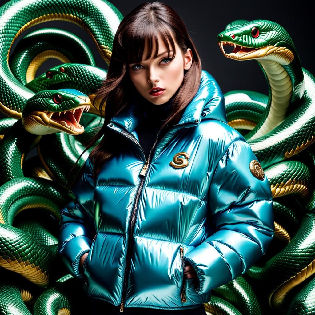 ultra super sharp photorealistic A shiny nylon puffy down ja...