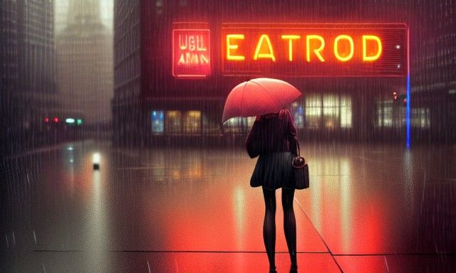 Woman in Neon Rain: Hyperrealistic Digital Art