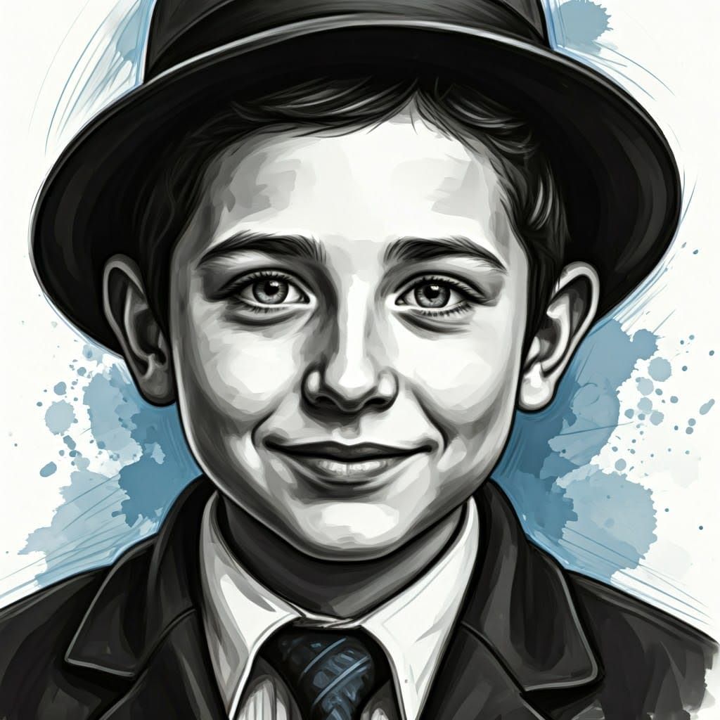 Expressive Portrait of Smiling Boy in Charcoal and Ink