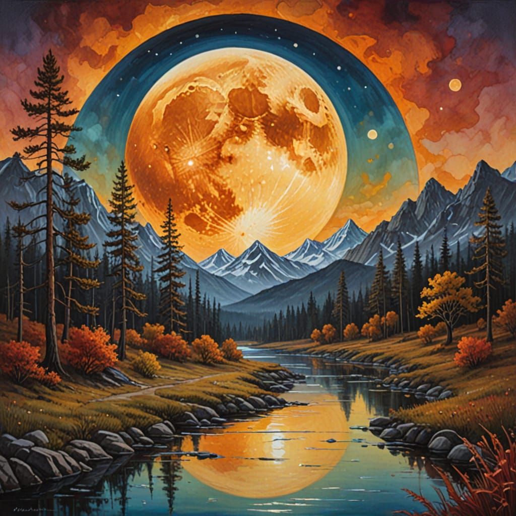 Futuristic Alcohol Ink Landscape with Full Moon