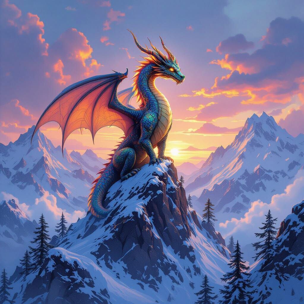 Dragon on Snow Peak in Fantasy Concept Art