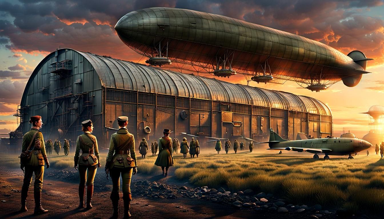 Steampunk Victorian Military Base with Airship at Sunset