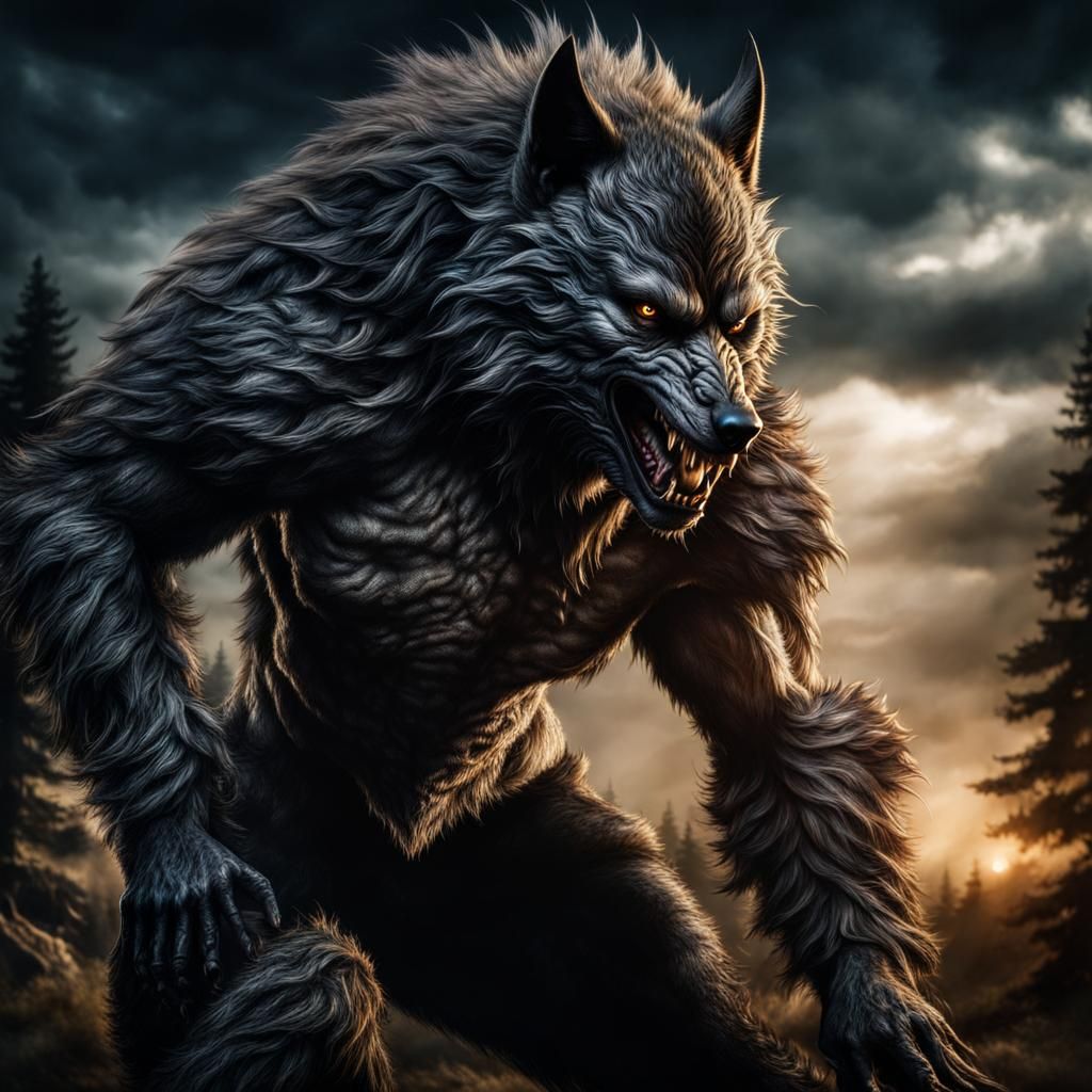 Hyperrealistic Werewolf Transformation Portrait in Cinematic...