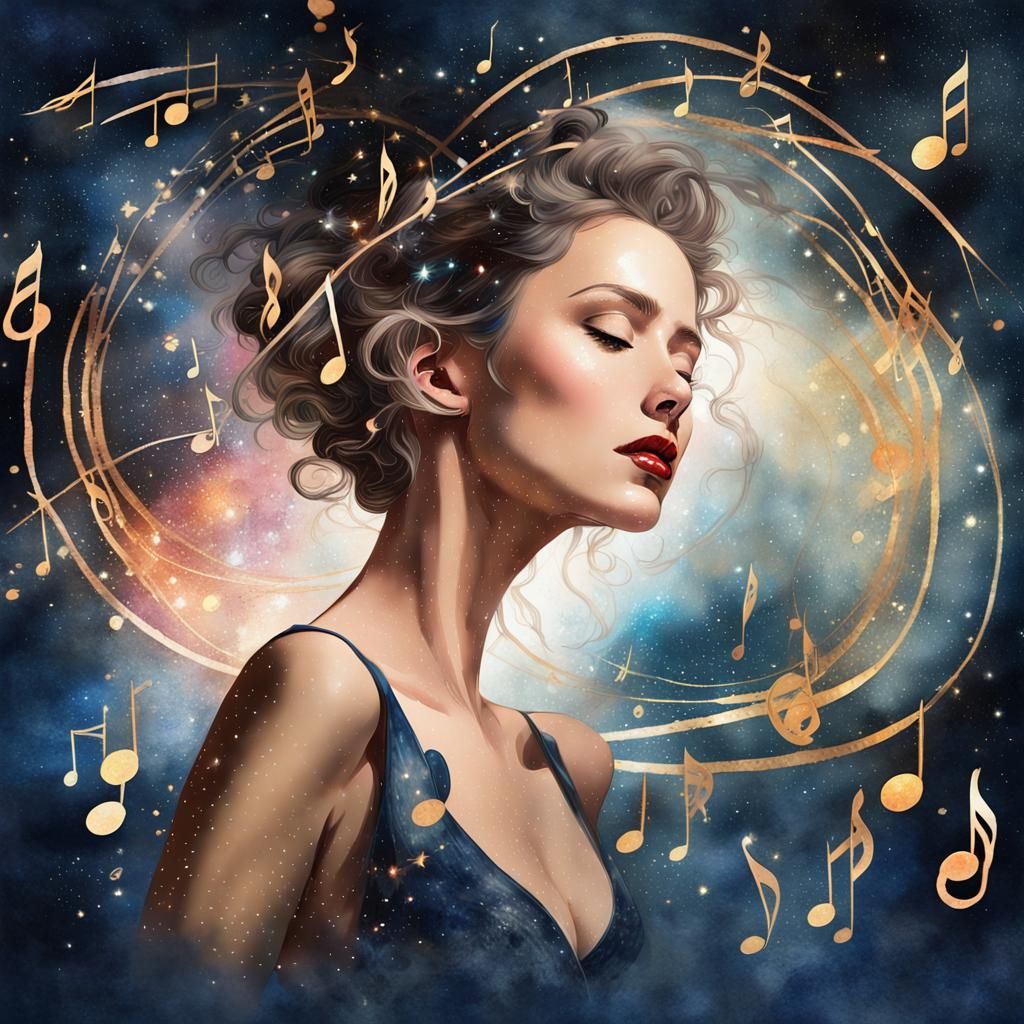 Woman Surrounded by Sparkling Musical Notes, Watercolor Styl...