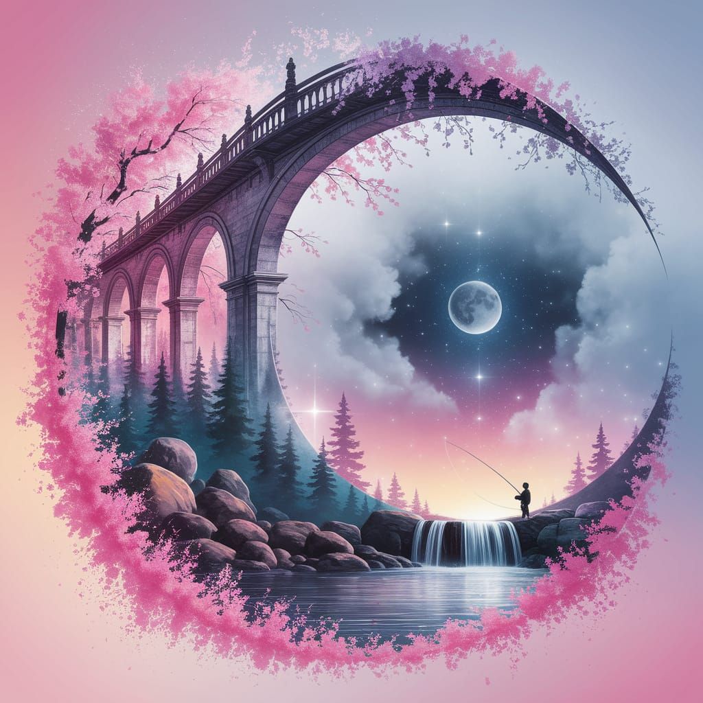 Ethereal Double Exposure of Abandoned Bridge at Sunset