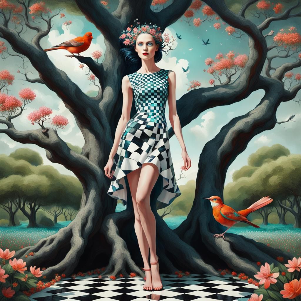 Surreal Chessboard Woman in Turquoise Mist: Fantasy Art