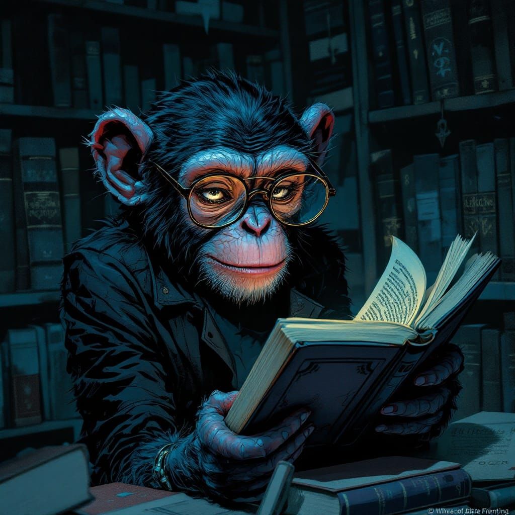 Mysterious Chimpanzee Scholar in a Haunted Library