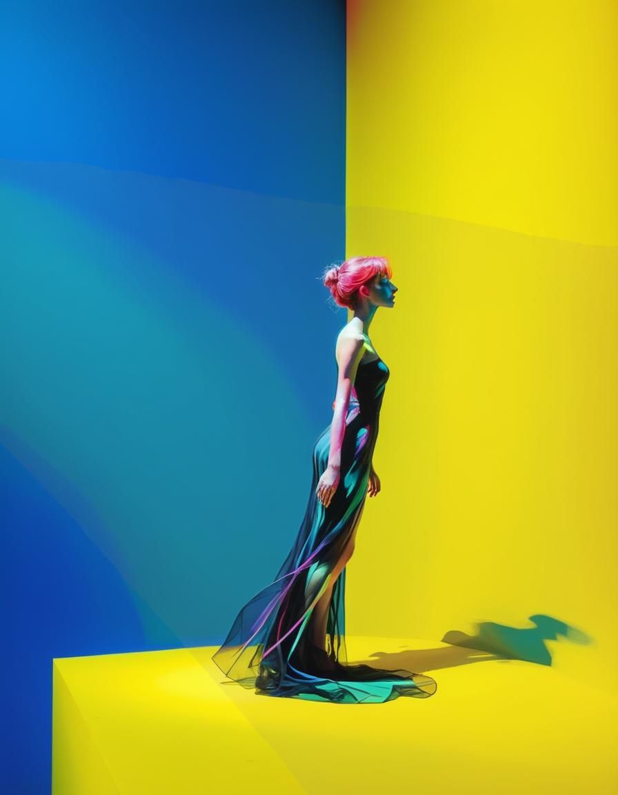 Ethereal Woman in Elegant Black Gown Engulfed by Shadows