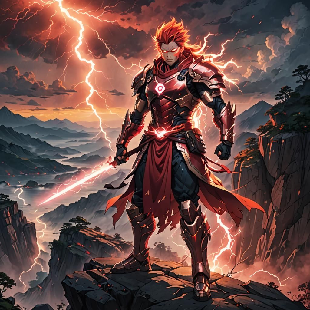 Heroic Red Lightning Warrior in Vibrant Anime Art