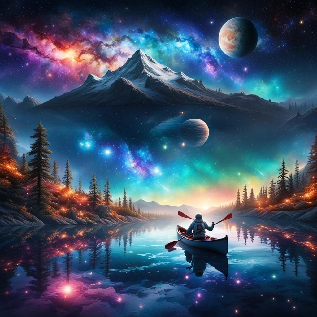 Astronaut Canoe Trip Through Starry Cosmic Night