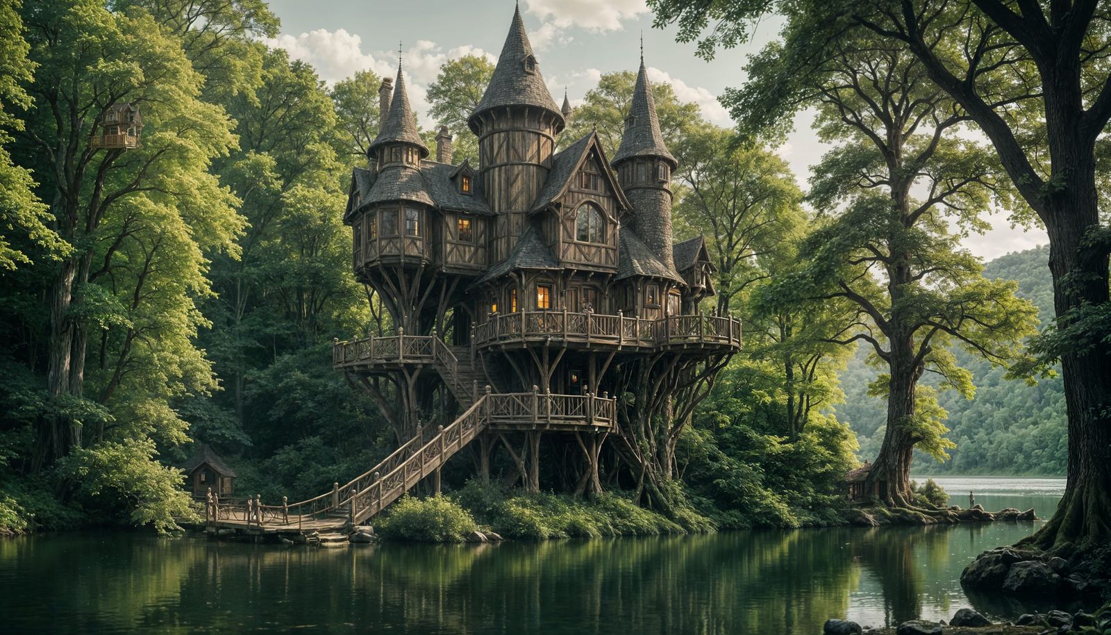 Elven Lakeside Treehouse Castle in Cinematic Style
