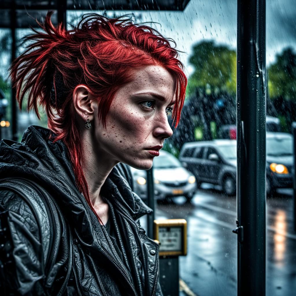 Hyperrealistic Punk Girl at Rainy Bus Stop