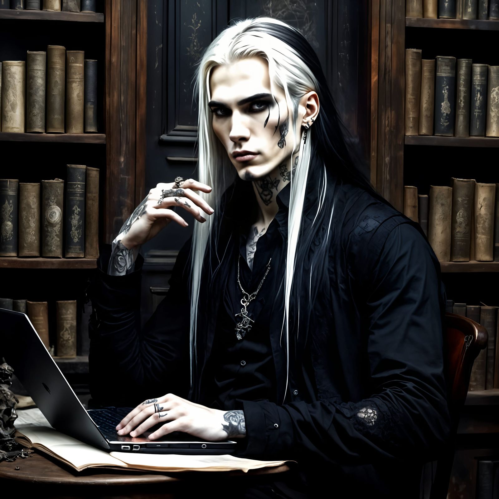 Gothic Writer in Baroque Room with Laptop