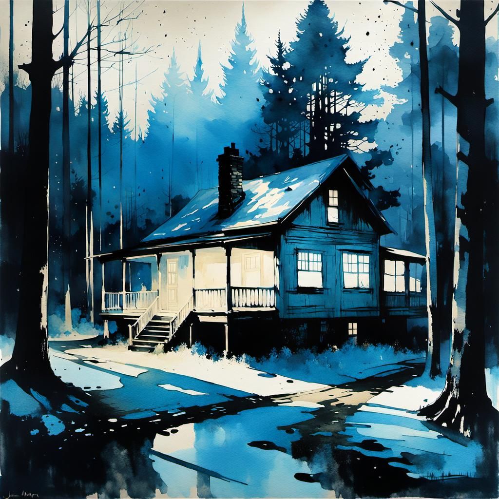 Old House in Forest: Cyanotype Watercolor Landscape