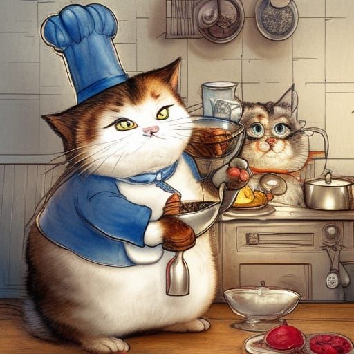 Cute Cat Chef in Kitchen: Beatrix Potter Style
